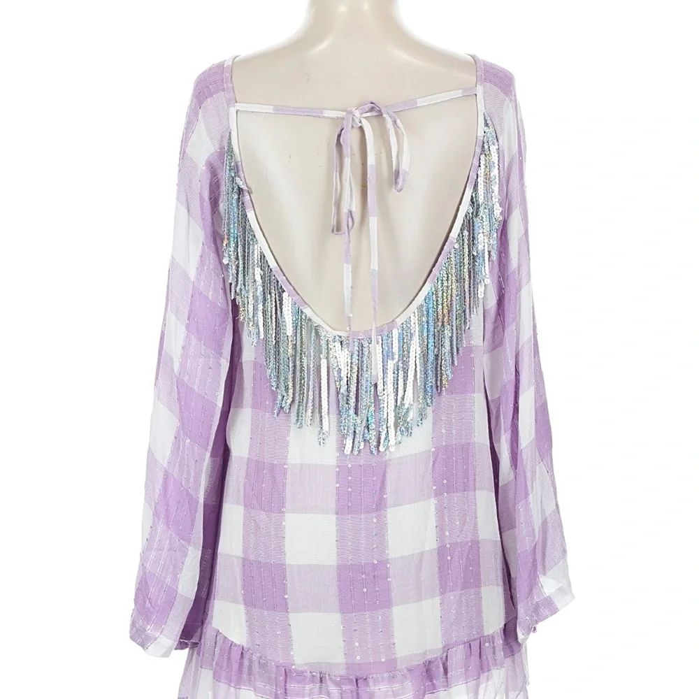 Sundress NWT Indiana Purple Checkered Open-Back tassel mini Dress size S - Picture 3 of 3